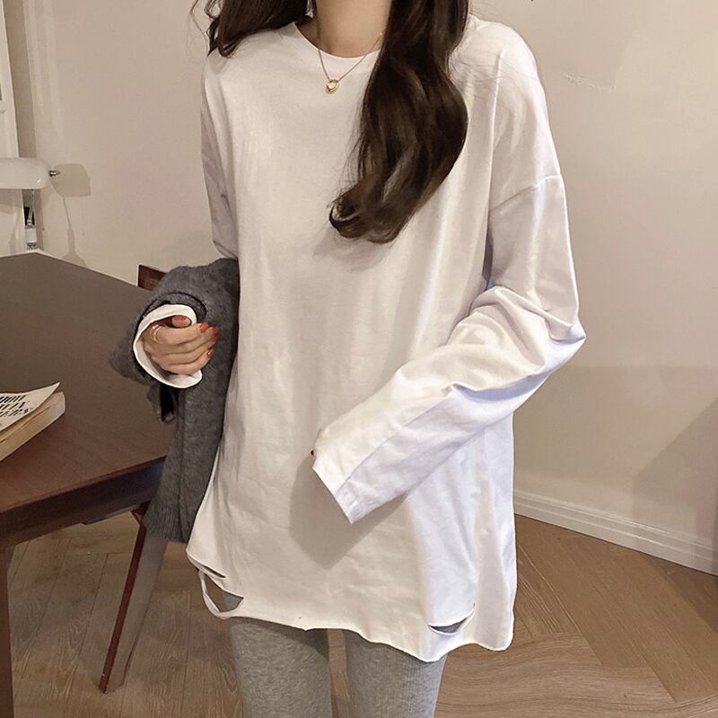 シャツ トップス スプリングスタイルルーズホワイトTシャツ レディース ロング 春物 スーパーモール15848394154