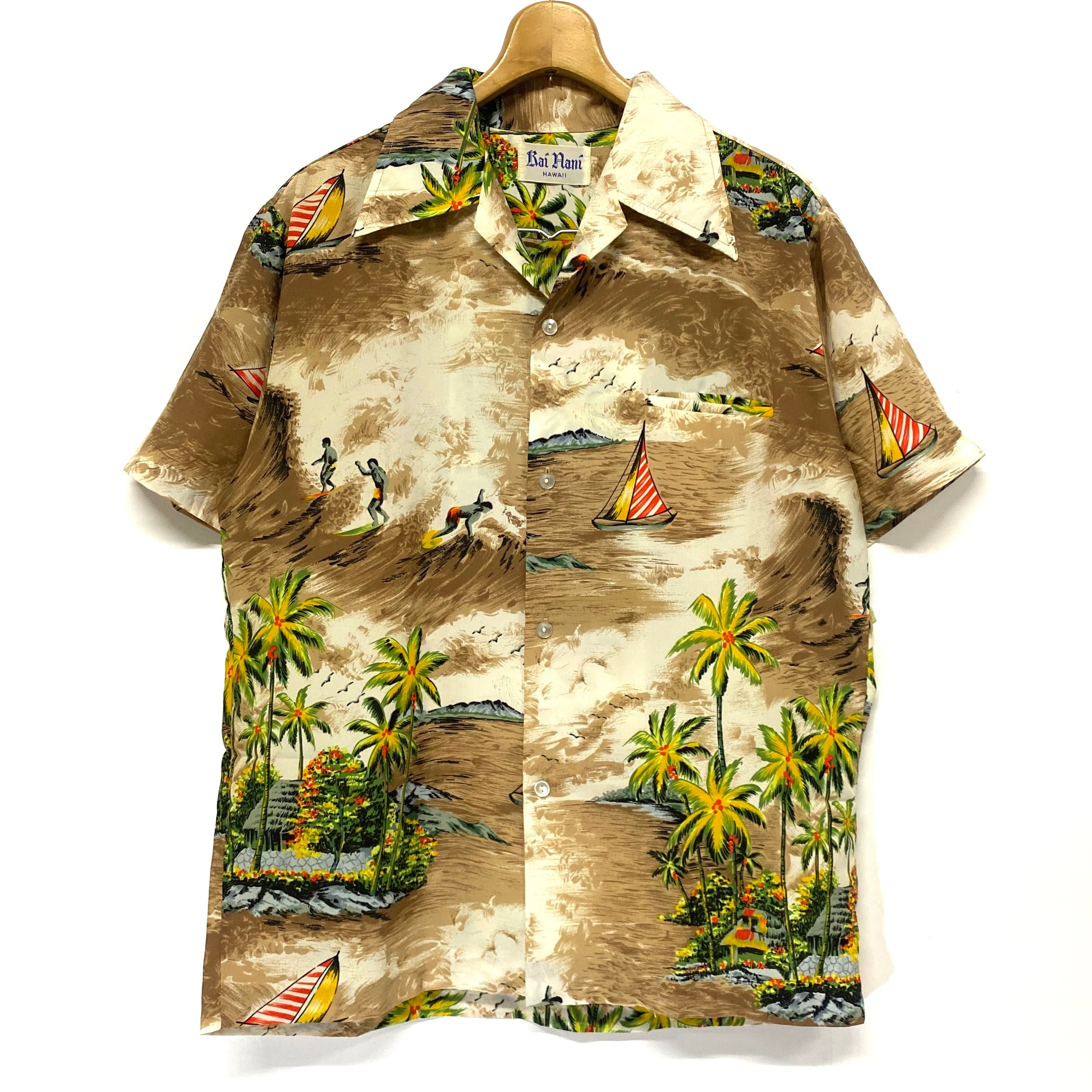 70年代 UNKNOWN 総柄 オープンカラー ハワイアンアロハシャツ ハワイ製 メンズM ヴィンテージ /eaa351100