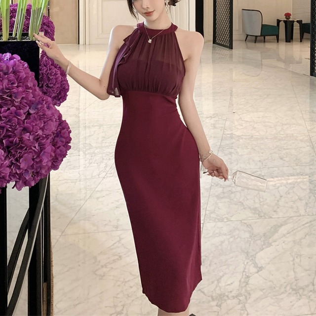 ワンピース ノースリーブ フェミニン バックスリット パープル S M L