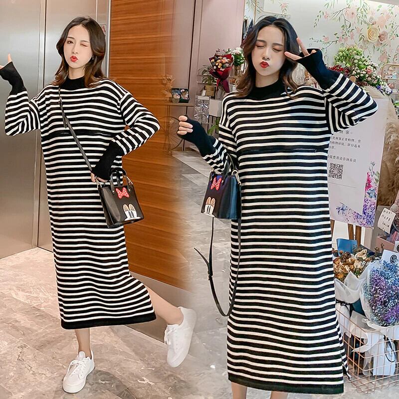 【新作】【送料無料】 6003秋冬ブラックストライプコットンマタニティ看護ロングドレス授乳服妊婦妊娠 オータム 秋物 ウィンター 冬物 AL expec468784482451