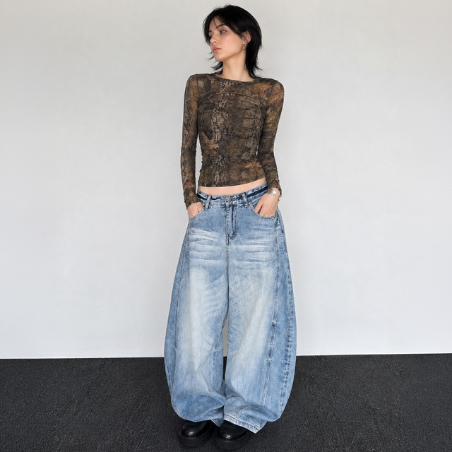 Washed volume denim pants A00008