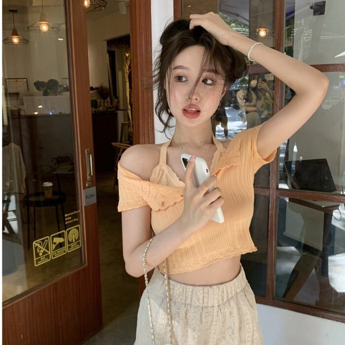 サマーショートトップス 薄手セーター レディース 大人ガーリー スウィート キュート カジュアル 夏物 シルク ドラファッションホール35137818386