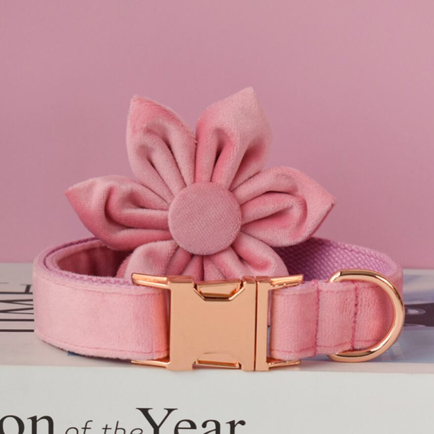 【お花シリーズ】ローズピンク×ベロア迷子札刻印サービス・犬用首輪&フラワー