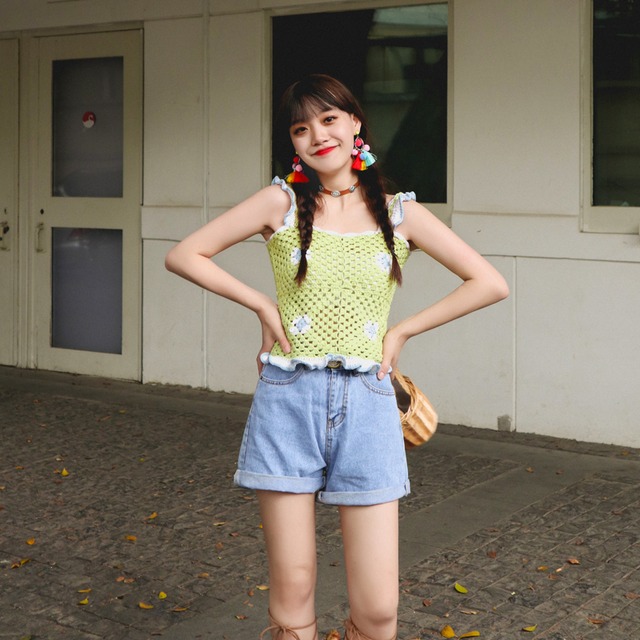 ボヘミアンサマーニットカラースリムグリーン 大人ガーリー スウィート キュート カジュアル 夏物 延命家ファッション20519476892