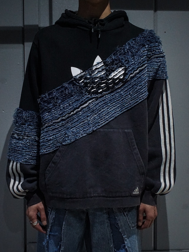 【add (c) vintage】"Original Remake" Black × Gray Docking Slash Quilt Design Loose Hoodie