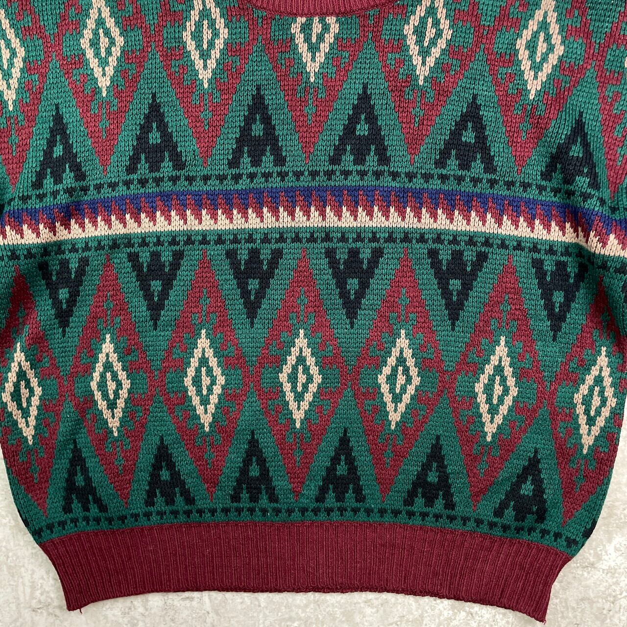 手編み 90s POLO RALPH LAUREN ネイティブ 総柄 ウール シルク ハンド 