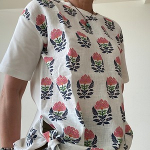 (再入荷）VILAGALLO リネンフラワー柄✖️カットソー切り替えプルオーバーTシャツ SPAIN:VIL33447¥26.000＋tax