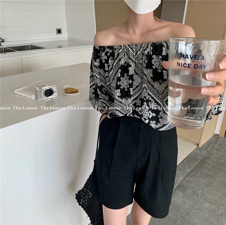 プリントシフォンシャツ サマーカラープリーツルーズスリーブトップス 夏物 オフショルダー ビッグFスモールZ韓国10485779312