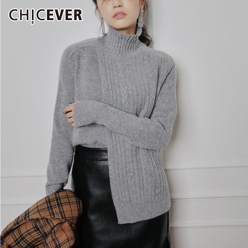 CHICEVERパッチワーク女性セータータートルネック長袖非対称裾セーター2020服 ロング 6base562260259733