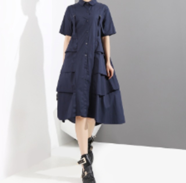 ワンピース  半袖 フリル シャツブラウス