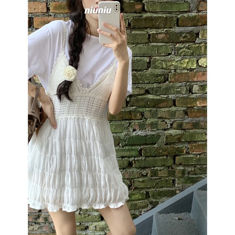 サマーホワイトTシャツ 薄手レースドレス 夏物 ガールズファッション66861951536