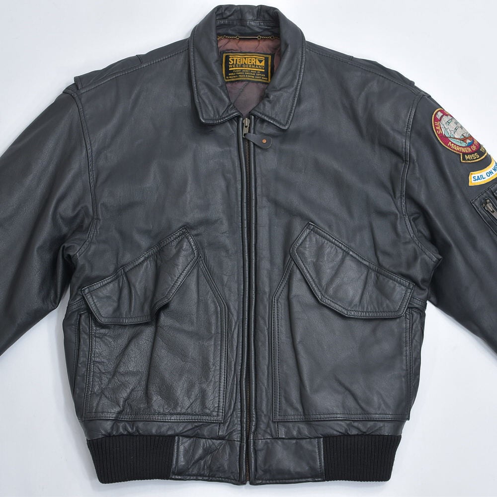 ヴィンテージ　本革　Steiner レザーMA-1 フライトジャケット L 黒 80s～ Steinerシュタイナー ブラックレザー ボンバージャケット