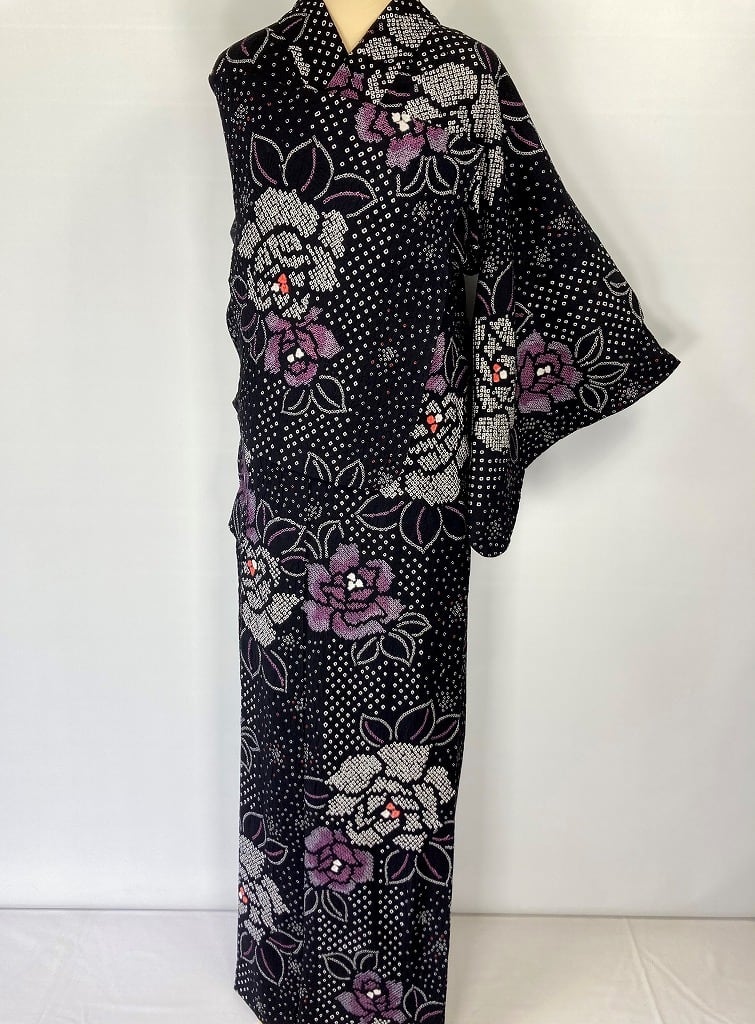 有松絞り【浴衣】トールサイズ 薔薇 綿 総絞り 黒 白 紫 036 | kimono