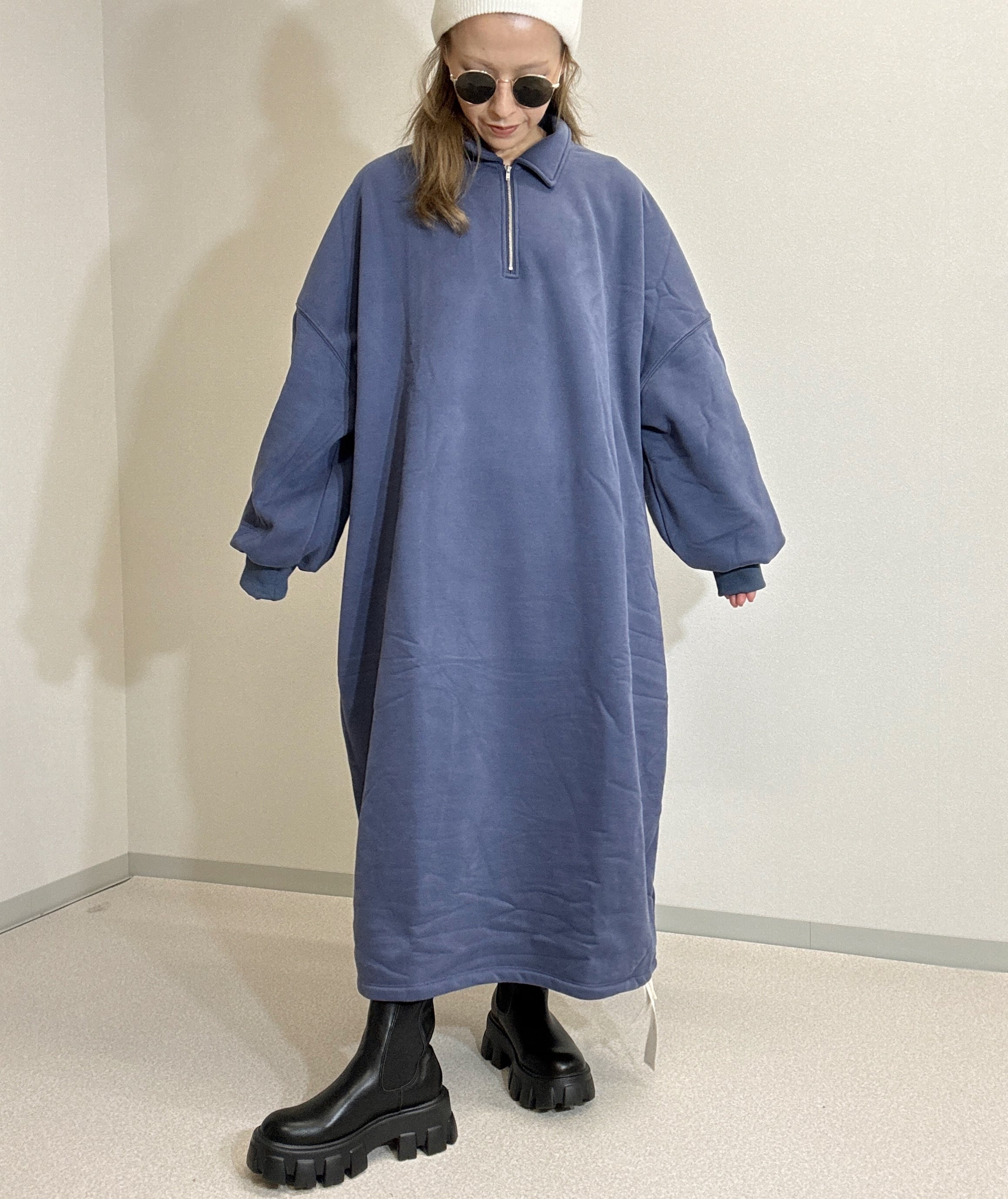 裏起毛ハーフZIPロングスエットワンピ navy | Anfang”