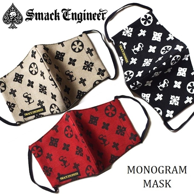 【20%OFF SALE】SMACK ENGINEER / スマックエンジニア「MONOGRAM MASK」布マスク ファッション オシャレ ゴム調整可能 モノグラム柄 黒白赤 ブラック ホワイト レッド グレー スカル ドクロ スペード メンズ レディース PUNK ROCK パンクロック バンド V系 ギフト無料 ステージ衣装 Rogia