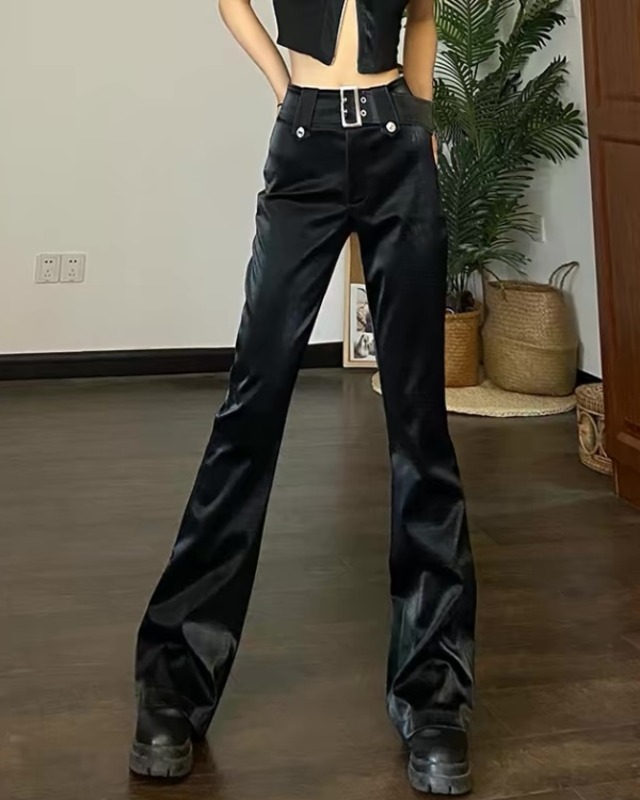 Faux Leather Buckle Flare Pants［A0412］