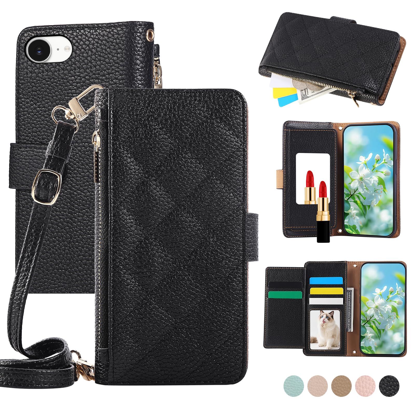 QANKISIS iPhone SE 第3世代用の手帳型ケース iPhone SE 第3世代用のケース 肩掛けストラップ 手帳型 ブラック