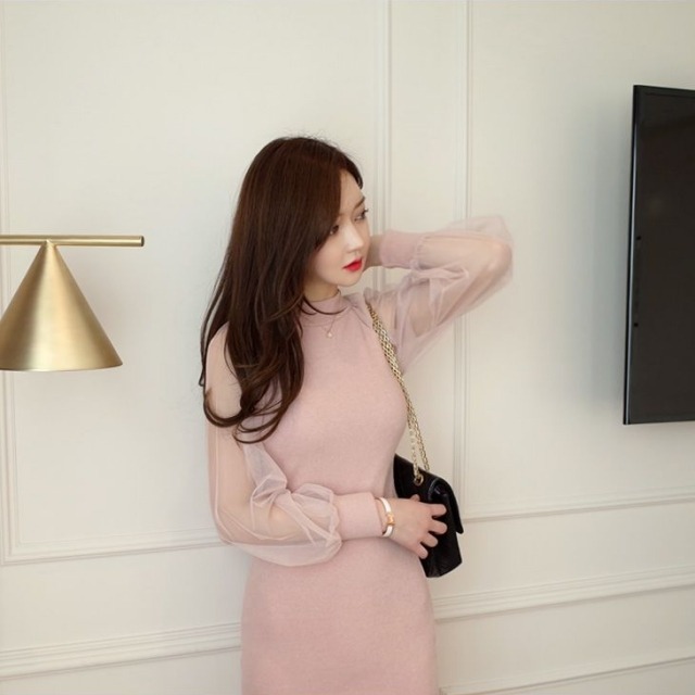 予約販売 結婚式 ワンピース ドレス S M L Xl お呼ばれ 大人 美人 シフォン 袖 セクシー くすみピンク ピンクベージュ ミニ丈 パーティー くびれ 上品ニット レース シースルー ラグランスリーブ Favoritdress