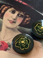 23mm Japanese ヴィンテージボタン ダークグリーン×ゴールド  薔薇 Rose レトロ アクセサリーパーツ 装飾材 カルトナージュ