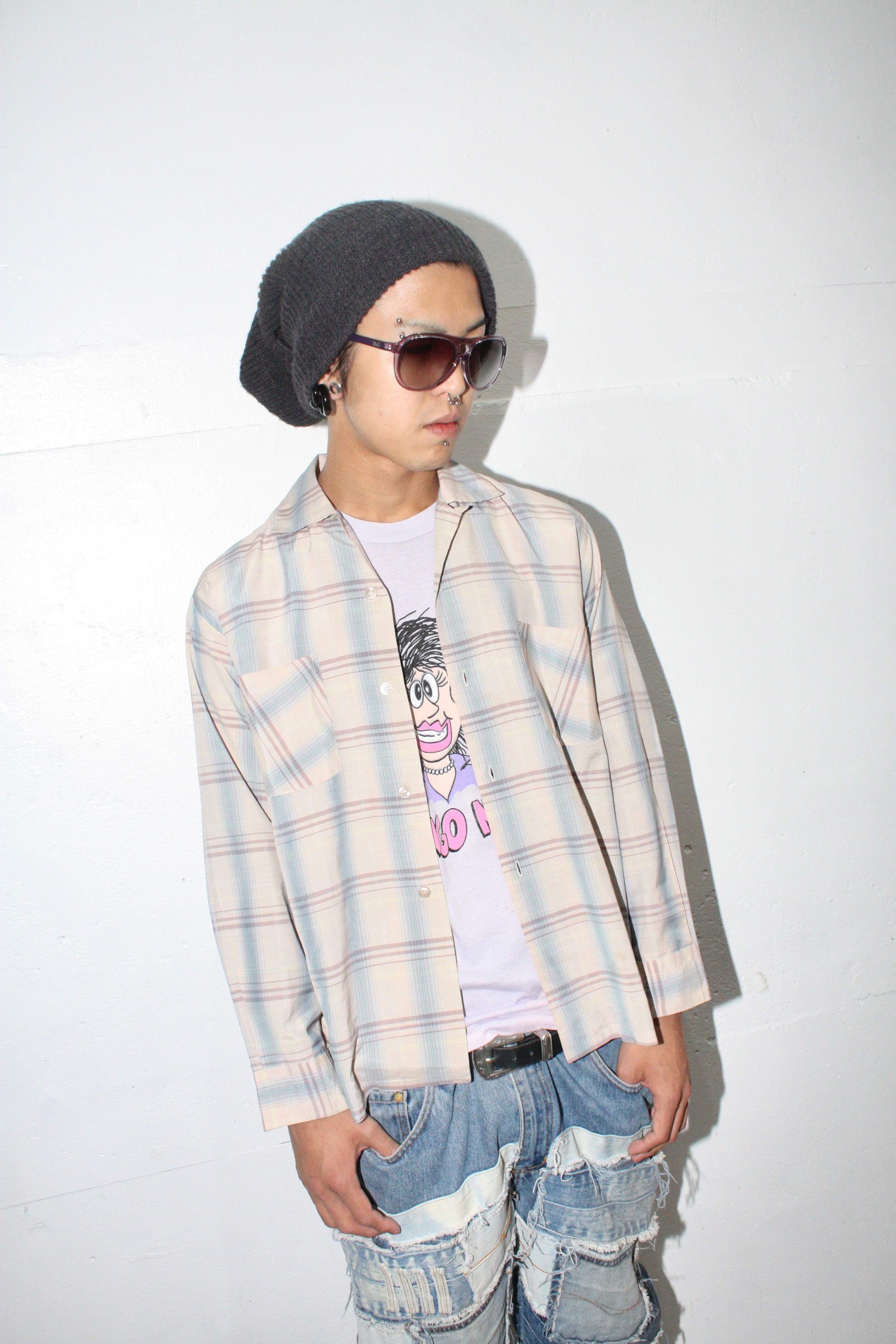 トップス blocks60s vintage open color shirt check 60s Open collar shirt オンブレチェックシャツ 身幅59cm Thx
