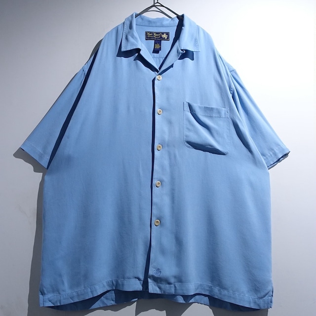 90s "Nat Nast" Light Blue Stitchwork Design Silk Open-Collar Shirt