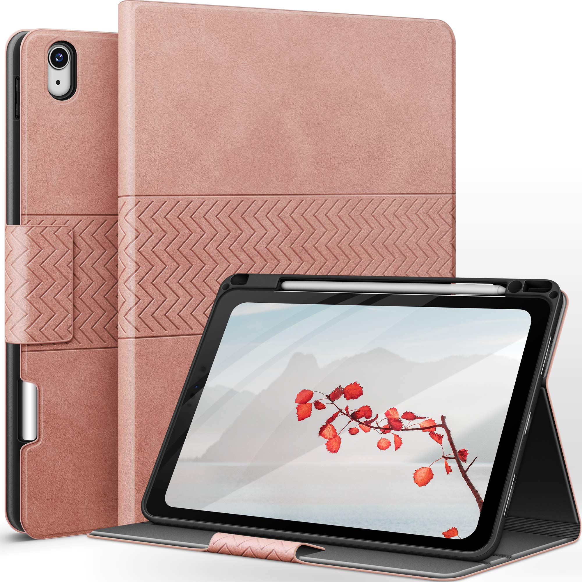 auaua iPad Air 11 インチ M4/M3/M2 (2026/2025/2024) ケース iPad Air 第5/4世代 ケース10.9インチ 2022/2020 ペンシル ホルダー収納 オートスリープ機能 ひび割れない PUレザー製スマート (ピンク)