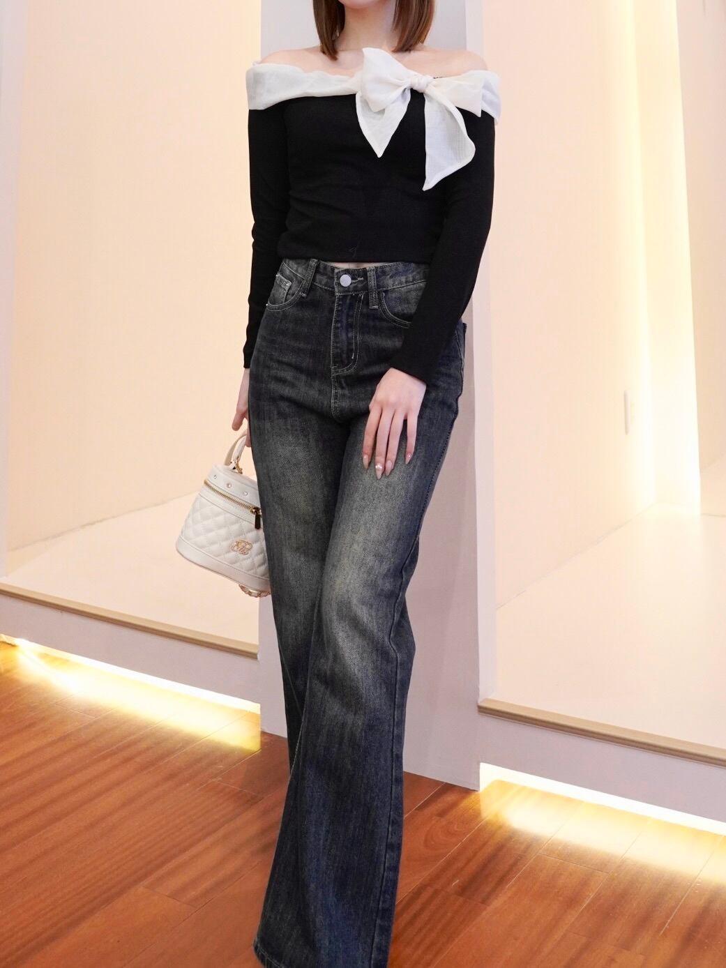 pomme ❤︎ off shoulder side ribbon knit