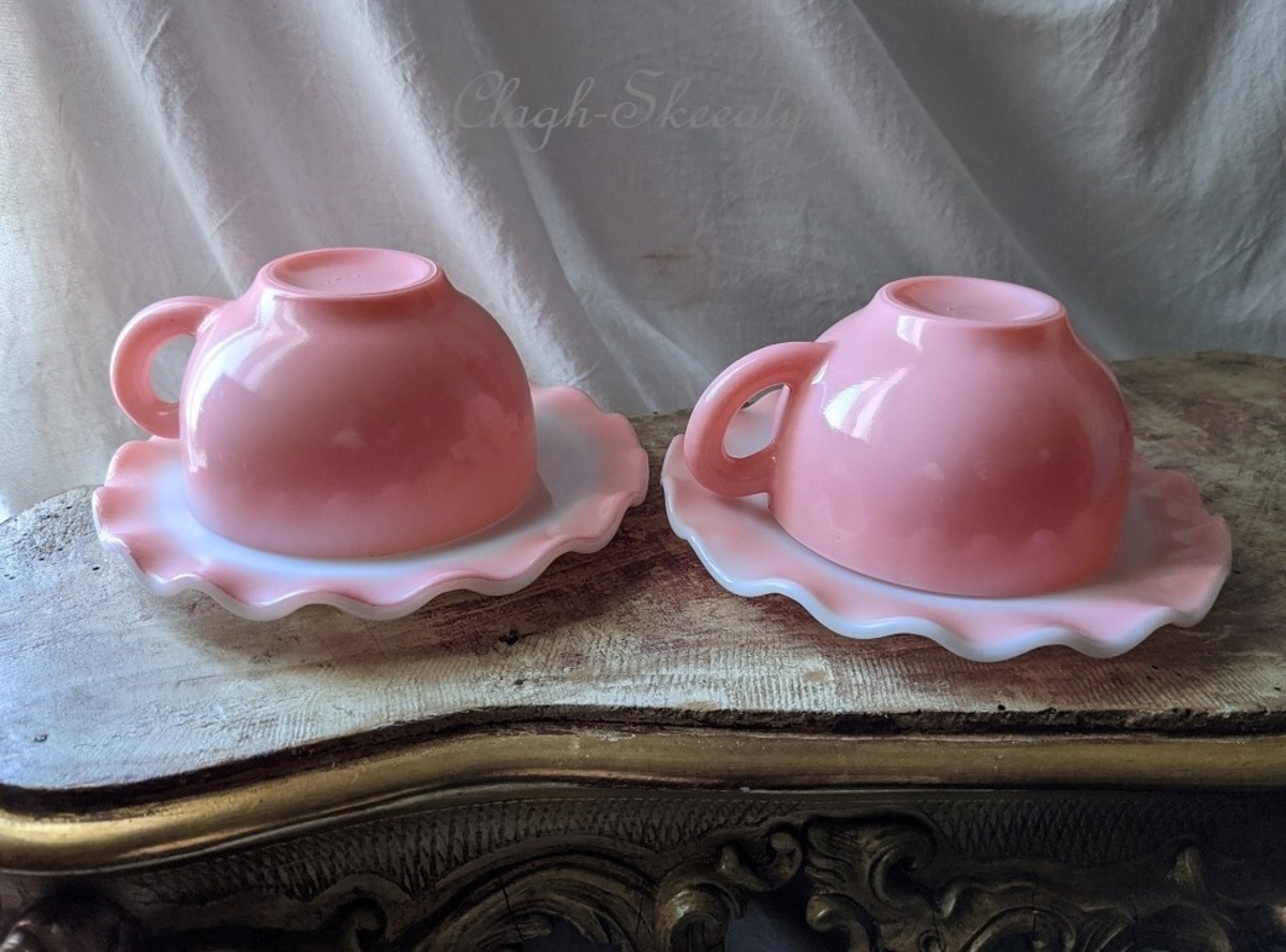 USA Vintage】へーゼルアトラス｜Hazel-Atlas ｜ピンクリップル｜ カップ&ソーサー｜ペア（２客） ｜プレーンハンドル｜USA  Vintage | Clagh-Skeealyn（石物語）