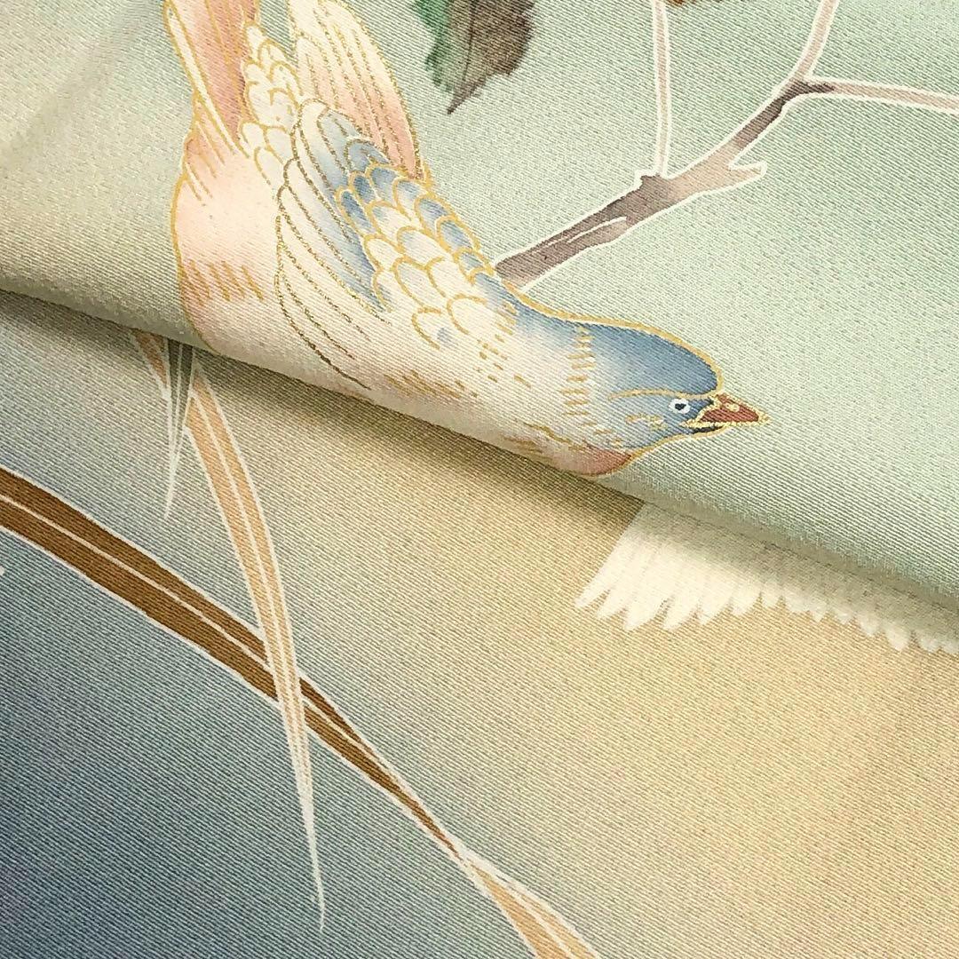 付下げ 枝葉に鳥柄 すすき 萩 金彩 秘色 しつけ糸 K-3192 | リユース  