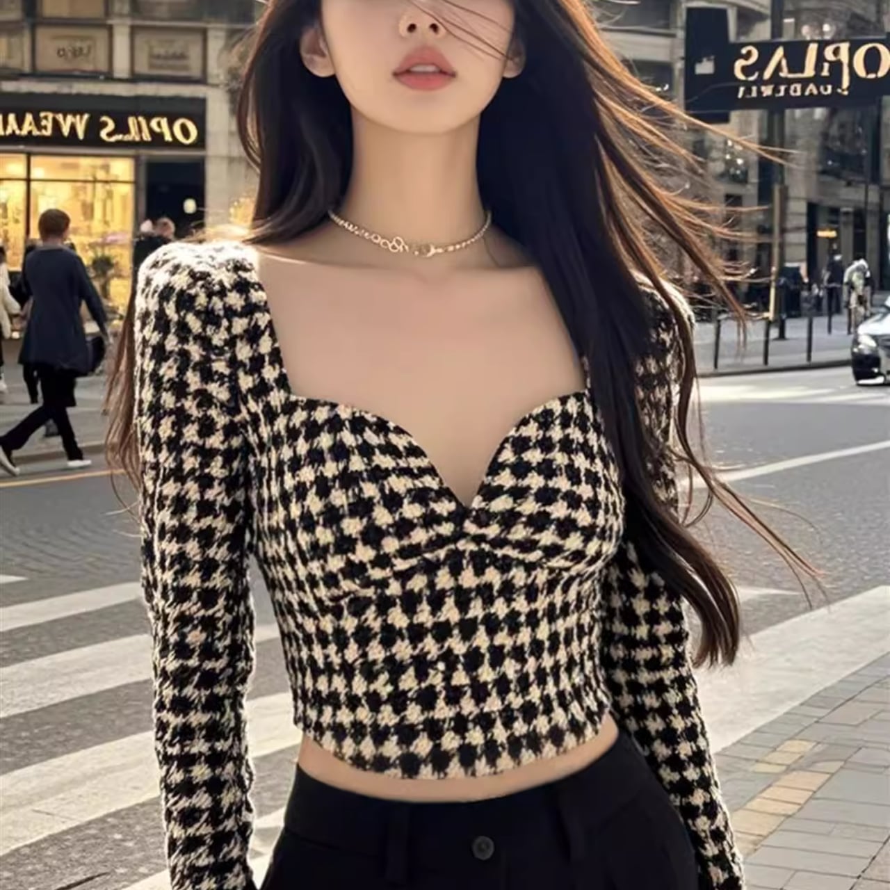 ハウンドトゥース クロップドトップス T032