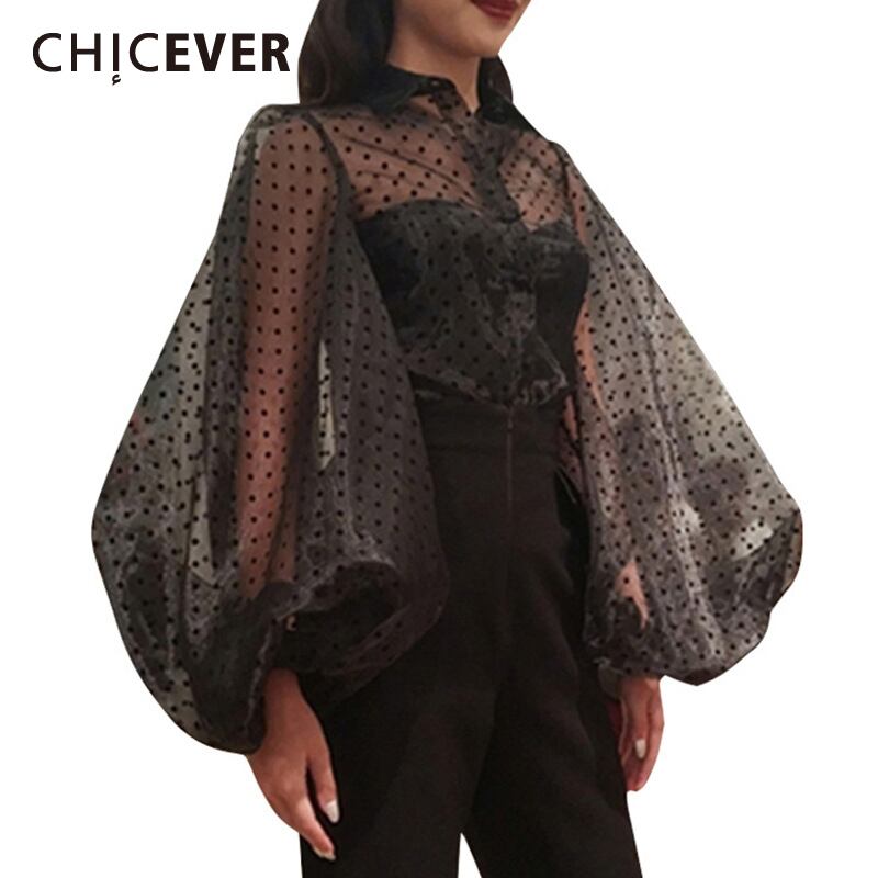 CHICEVERパースペクティブブラウス女性スタンドカラーランタン長袖水玉シャツ2020 ロング 6base519893454751