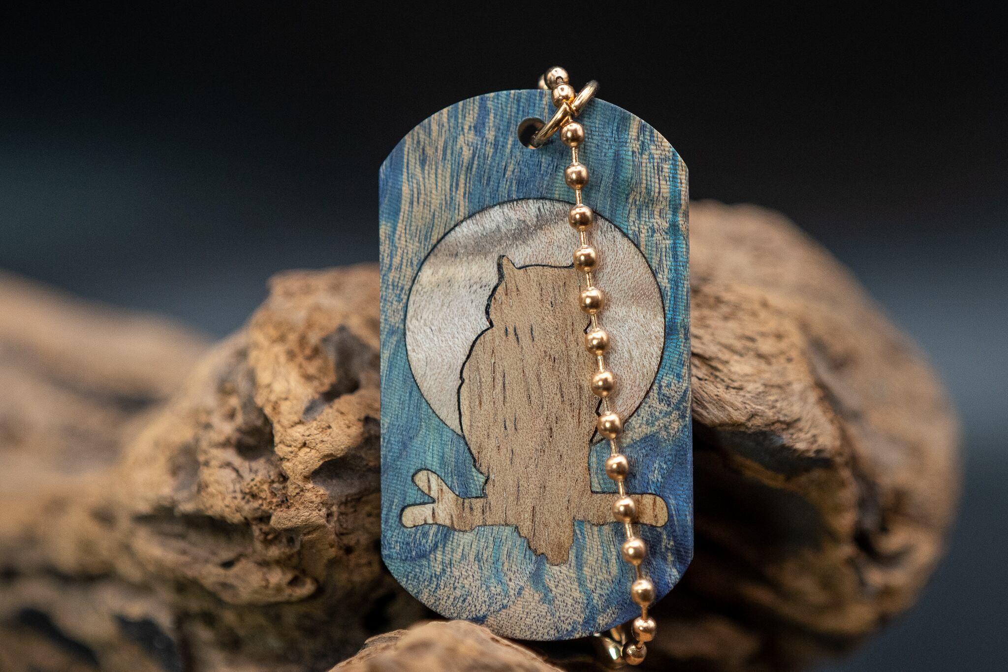 【朧Midnight Shallow】スタビライズウッド 楓 ドッグタグ 象嵌 夜とミミズク