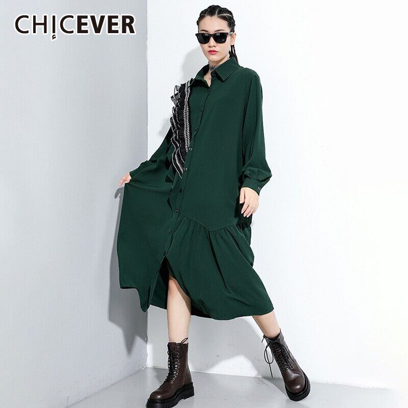 CHICEVERパッチワークヒットカラードレスレディースラペル長袖シャーリングフリルルーズオーバーサイズミディドレス2020秋 ロング オータム 秋物 6base592124030279