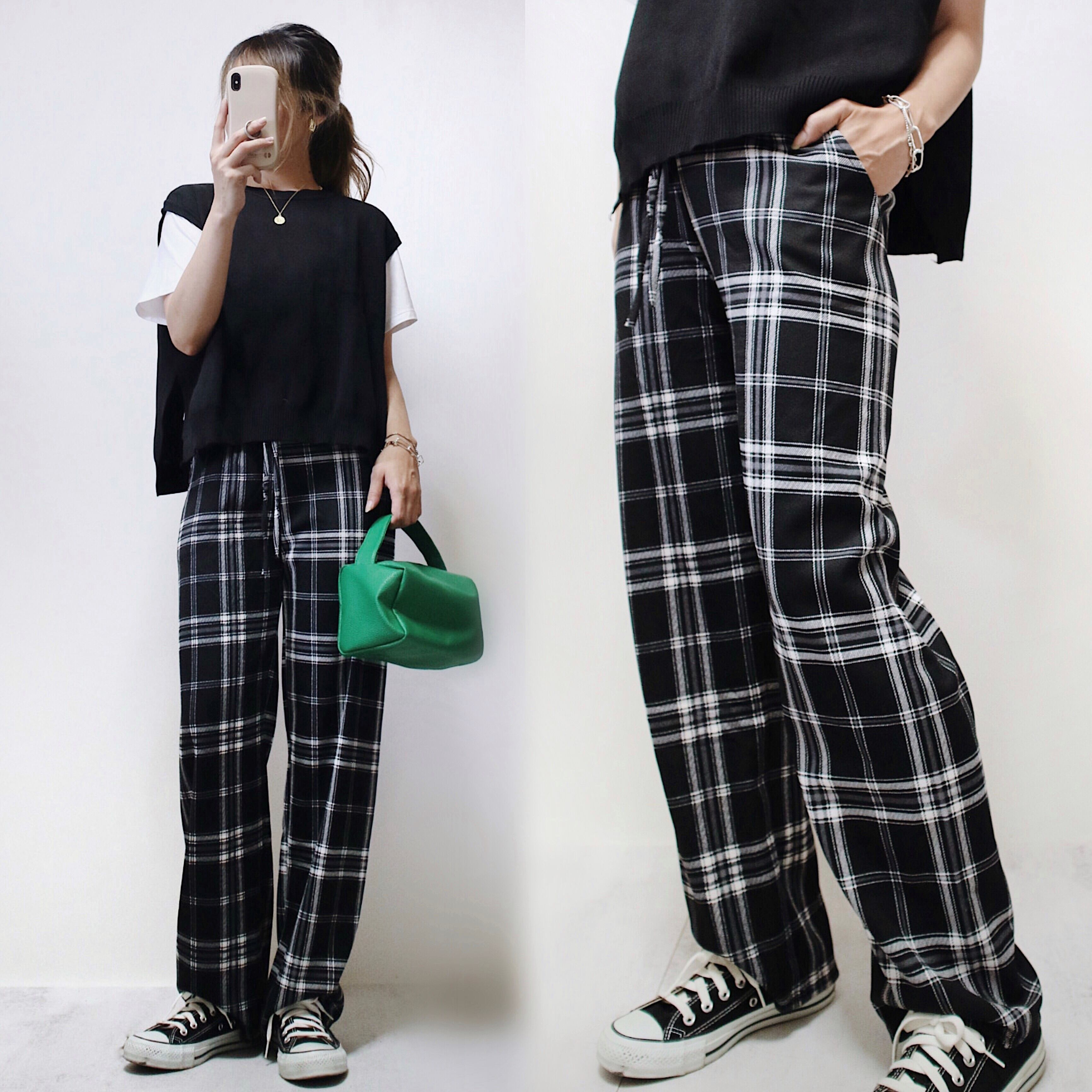 モノトーンチェック柄パンツ