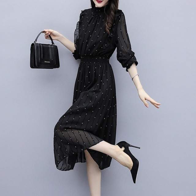 黒ワンピース 黒ワンピ ワンピース ワンピース 春ワンピース 春ワンピ 通販 レディース 女性用 通販ワンピース 通販ワンピ ドット 水玉 シースルー 黒 ハイネック ハイウエスト 膝下丈 長袖 フリル 無地 デート 食事会 パーティー 女子会 お呼ばれ シンプル 定番 人気