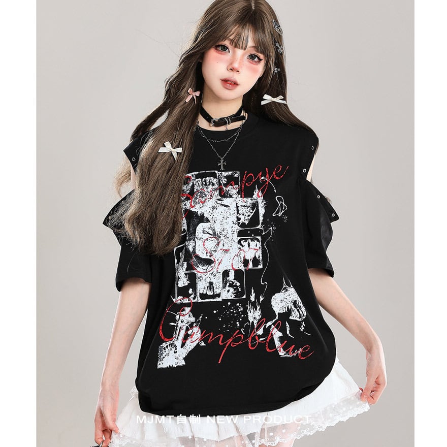 With U ゴスロリ系 地雷 Tシャツ オープンショルダー プリント柄