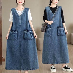 RELAXED V-NECK DENIM SLEEVELESS MIDI DRESS M-17933