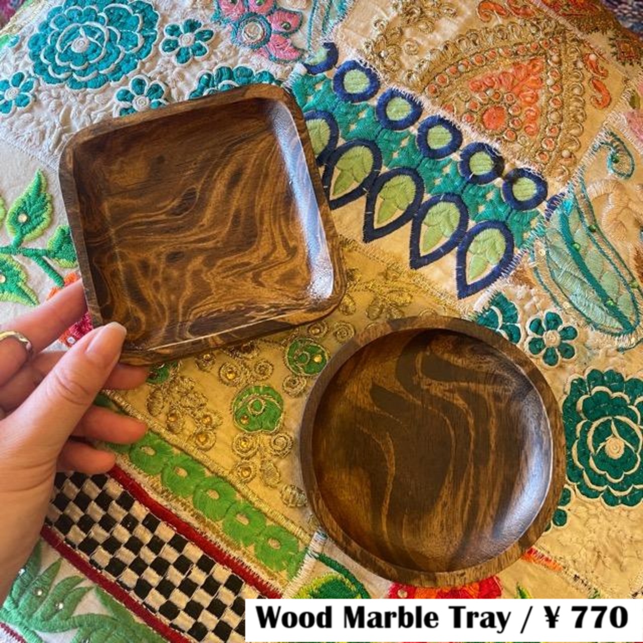 Thailand Mango Wood Marble Tray 2Type / 丸 四角 タイ マンゴーウッドマーブルトレイ 2種 皿 トレイ 置物 オブジェ インテリア 木製