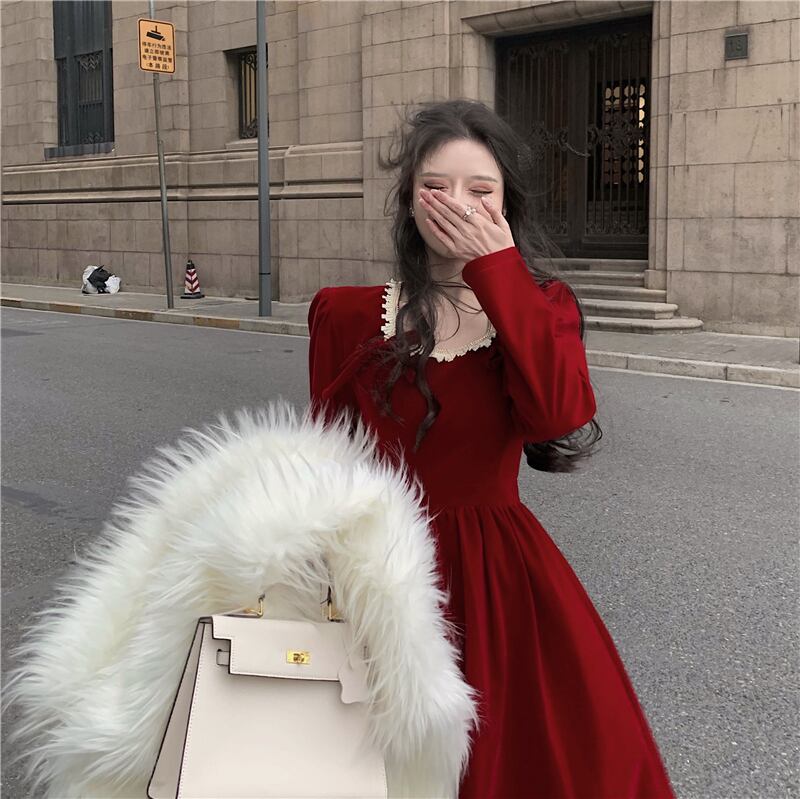 ドレス スタンダードスタイルカラースカート スプリングウェストスリム レトロ 春物 スクウェア ブラックストロベリース52354156103