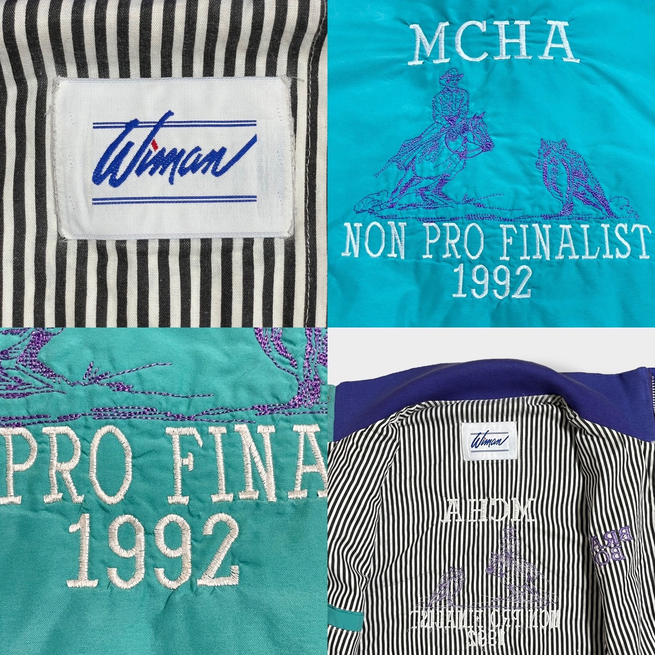 【wiman】 90s ブルゾン ジャケット ジャンパー フルジップ スナップ 刺繍 バックロゴ ストライプ ワンポイントロゴ エメラルドグリーン 切替 US古着