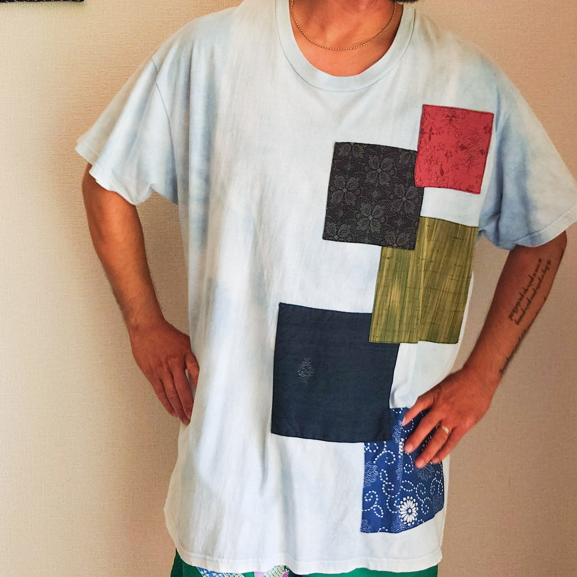 Acote 藍染 デザイン Tシャツ スクエア アート 着物リメイク Acote 藍染 デザイン Tシャツ スクエア アート 着物リメイク