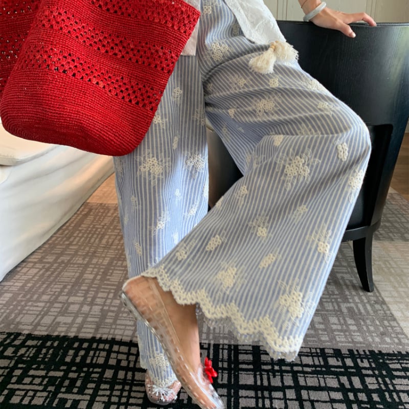 Striped embroidered wide pants 00340