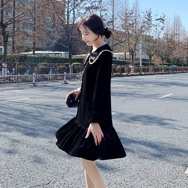 ワンピース レディース ミニワンピ 膝上丈 ベルベット フリル ミニ丈