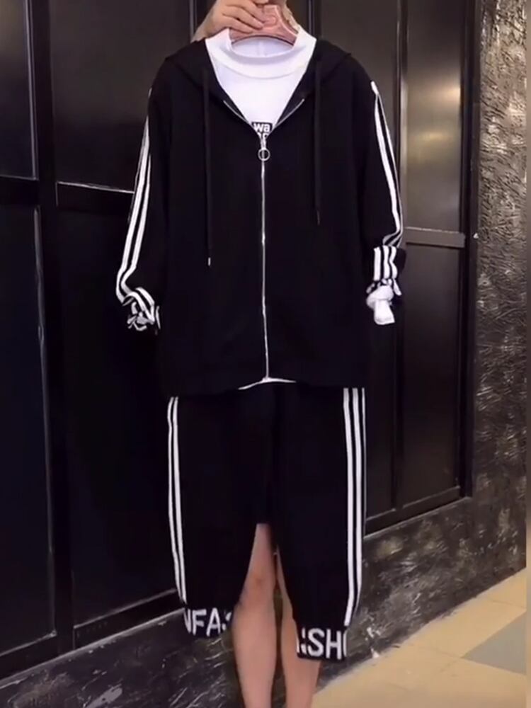 スプリングフードジッパースリーブストライプジャケット サイドパンツ 大きめサイズ 春物 ミックスインファッション37275999907