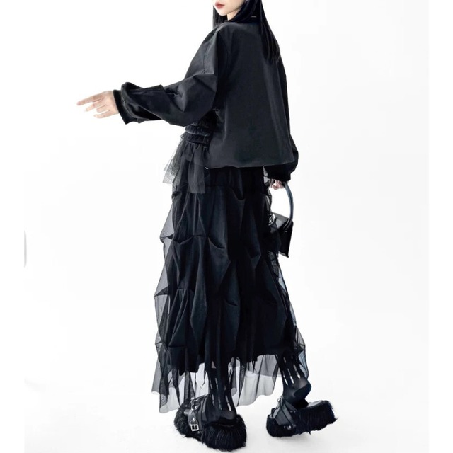 Denim tulle layered blouson C1461
