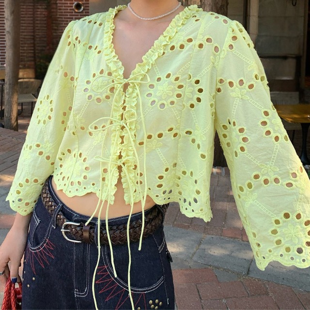 fresh green apple cutwork lace lace up shirt  e2026