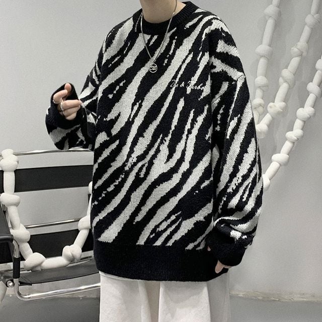 【予約販売】ニット 総柄 アニマル柄 ゼブラ柄 メンズ ブラック グレー ブルー ピンク セーター こなれ感 お洒落 韓国 トレンド 秋冬 M/L/XL/2XL
