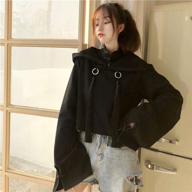 ゴスロリ系 病み可愛い パーカー トランペットスリーブ 中華風 ストリート系 韓国ファッション 原宿系 ゴシック ロリータ 天使と悪魔 サブカル系 ファッション Seasonz