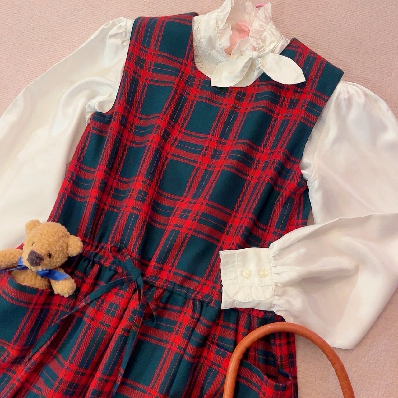 red check back button jumper skirt