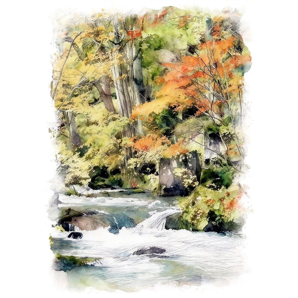 絵画(風景画) 日本 青森県 奥入瀬渓流 インテリアアート額付き 水彩画・油絵調 WAT1378